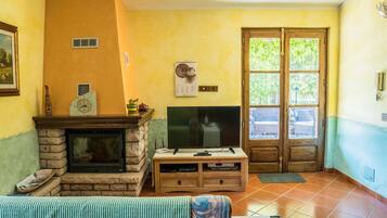 Smart TV, caminetto, lettore DVD, libri