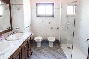 Combined shower/bathtub, hair dryer, bidet, towels