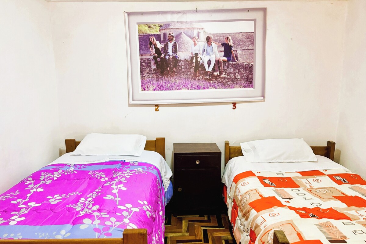 A room with two single beds, a wooden headboard, a small bedside table, and a framed photograph on the wall.