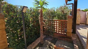 Un'area esterna coperta con una palma, un lampione e un muro in pietra.