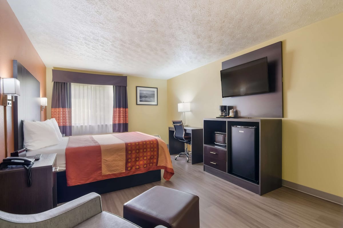 Ein Hotelzimmer mit Bett, Schreibtisch, Stuhl, Fernseher und Minibar.