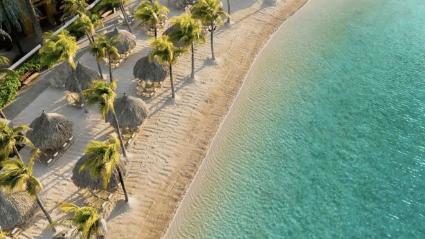 Ein Strand mit klarem türkisblauem Wasser, Palmen und strohgedeckten Sonnenschirmen.