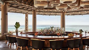 Eine Bar mit Blick auf den Ozean, umgeben von Stühlen und einer großen Pflanze.