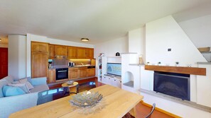 Télévision, cheminée, lecteur de DVD, chaîne hi-fi