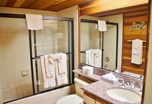Hair dryer, towels, soap, shampoo