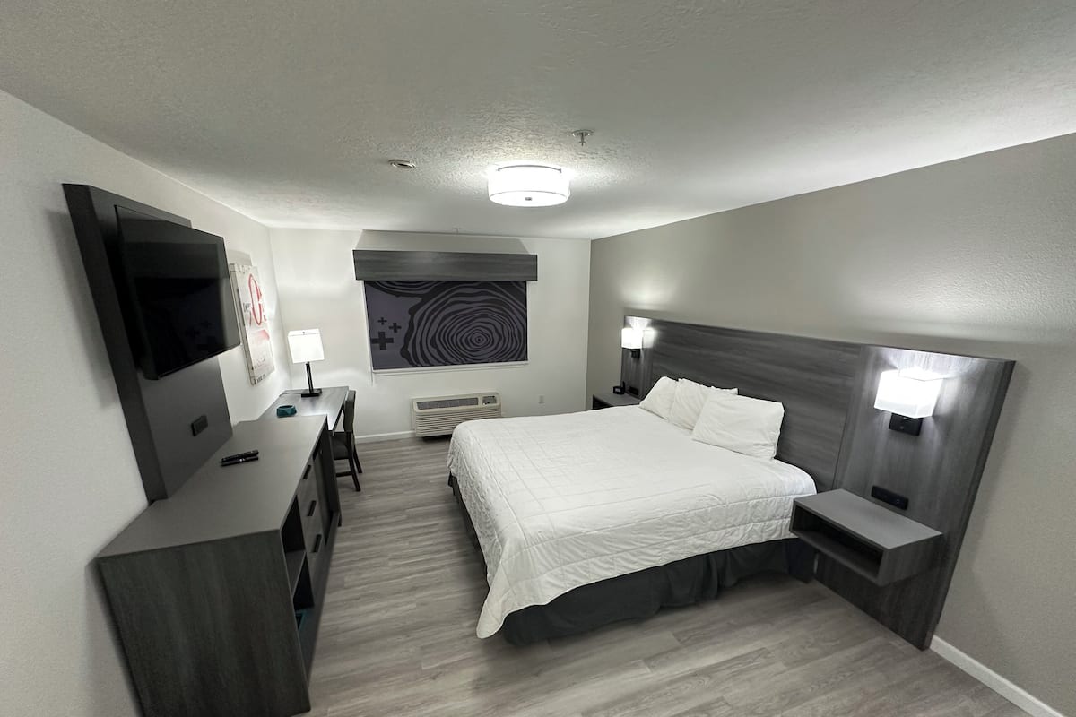 A modern hotel room with a bed, bedside tables, a desk, a chair, a TV, and a wall-mounted artwork.