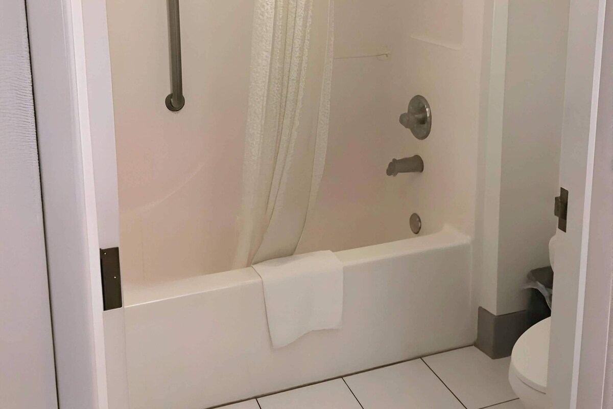 A modern bathroom with a bathtub, a toilet, and a shower area.