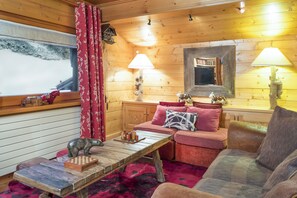 Smart-tv, een open haard, een dvd-speler en boeken