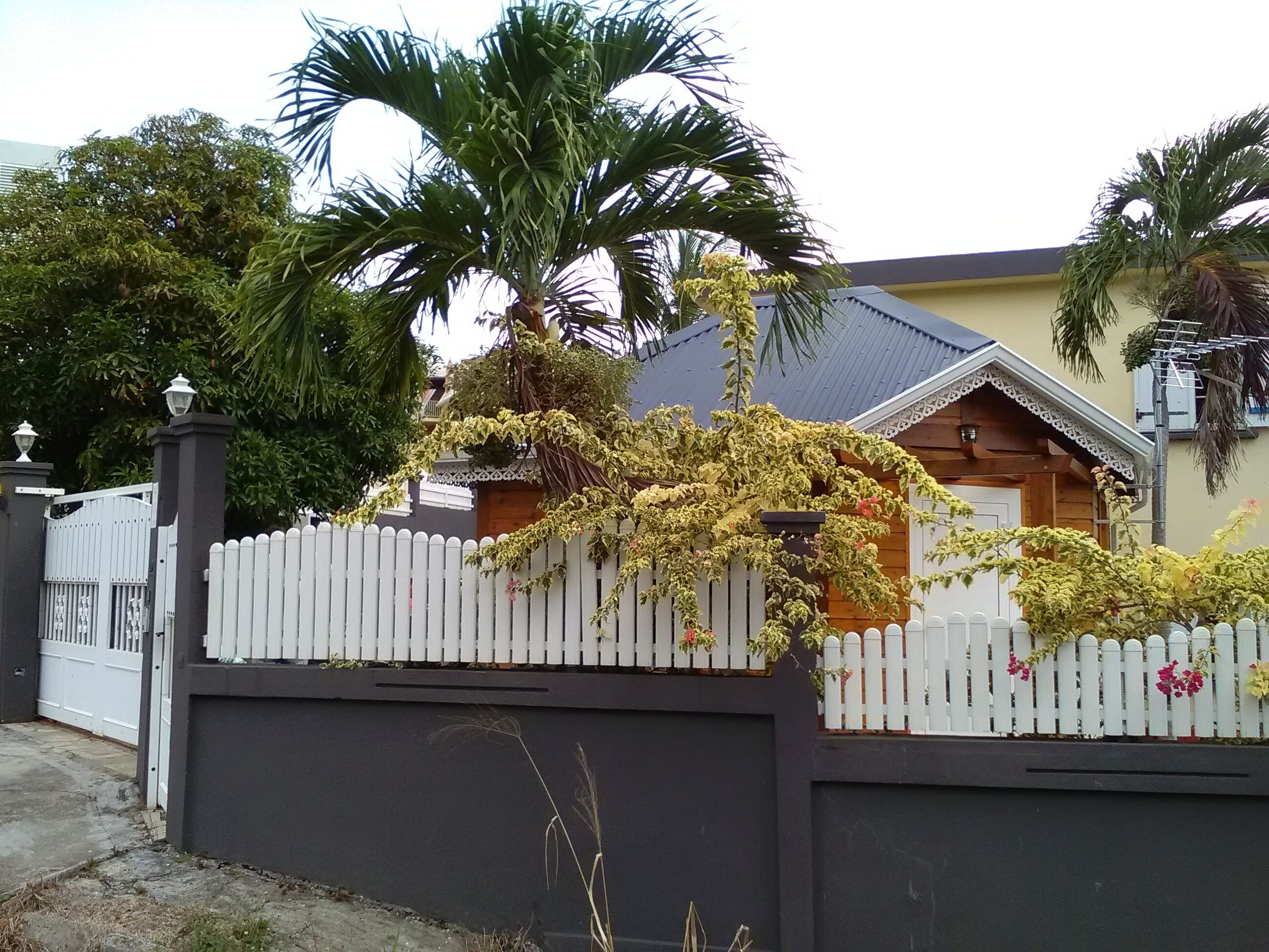 A residential property with a white picket fence, a dark wall, and a house with a sloped roof.