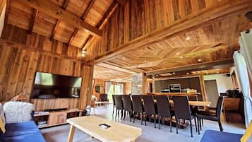 Smart TV, chimenea, reproductor de DVD y libros