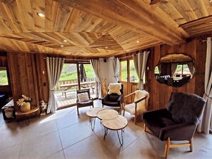 TV connectée, cheminée, lecteur de DVD, livres