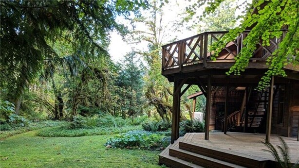 A wooden deck with steps leading to a covered area, surrounded by lush greenery. - 4,000 sqft Mt. Baker Ski Lodge, sleeps 21, walk to town, hot tub, fiber internet (Glacier)