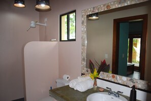 Douche, serviettes fournies, papier toilette