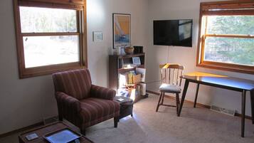 TV connectée, cheminée, livres