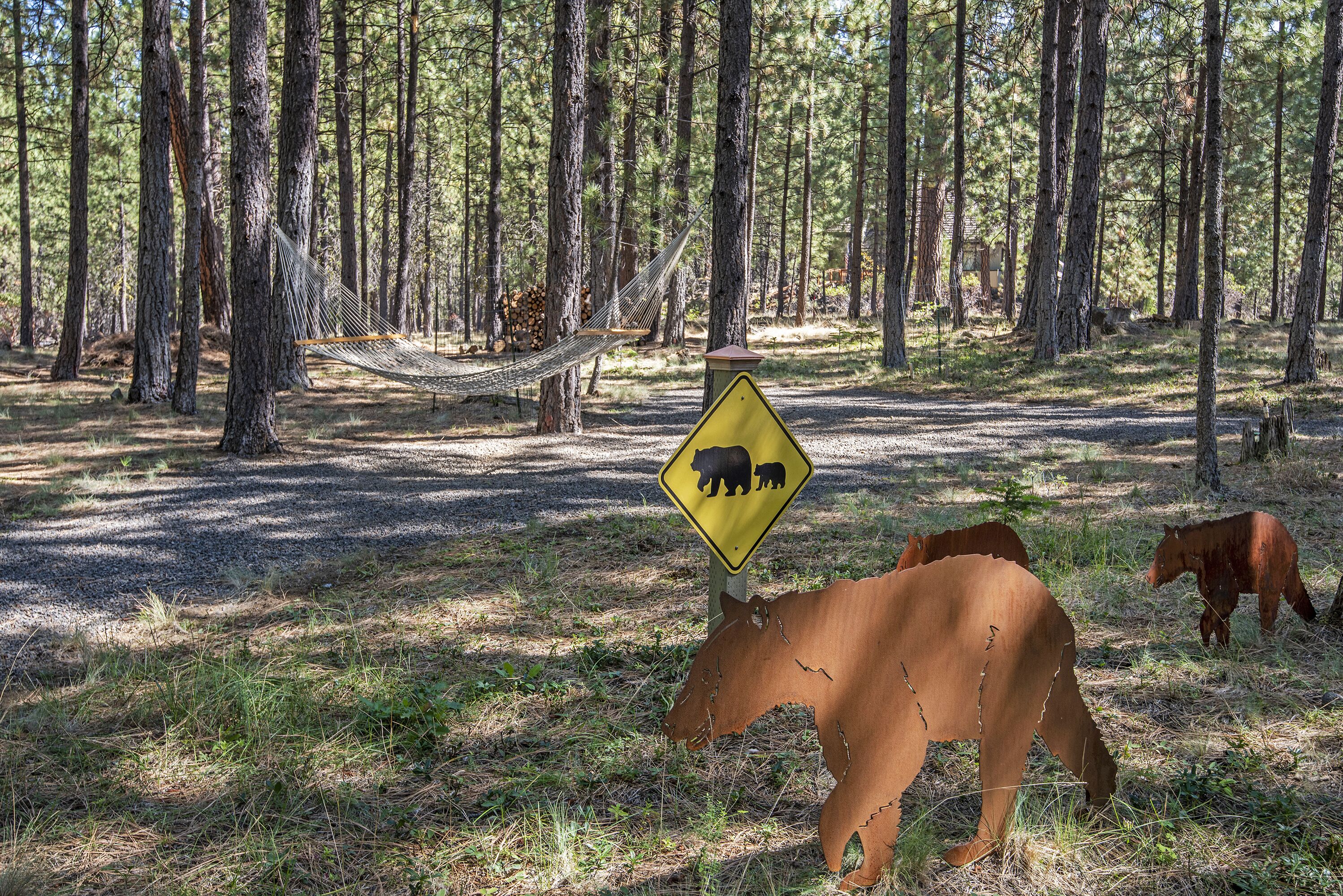 A forested area with a bear crossing sign, a hammock, and two bears in the background.