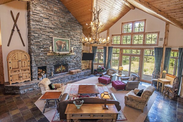 Smart TV, fireplace, DVD player, books