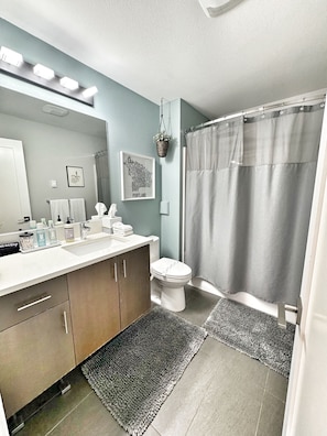 Combined shower/bathtub, hair dryer, towels, soap