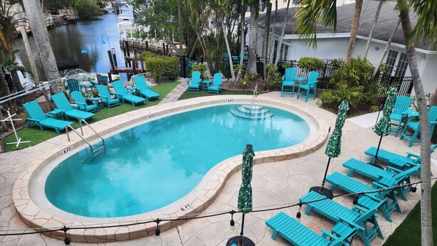 Une piscine dotée de chaises longues et de parasols, entourée de palmiers et offrant une vue sur la rivière.