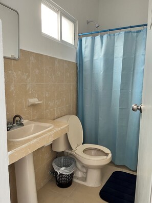A bathroom with a toilet, sink, and shower curtain.