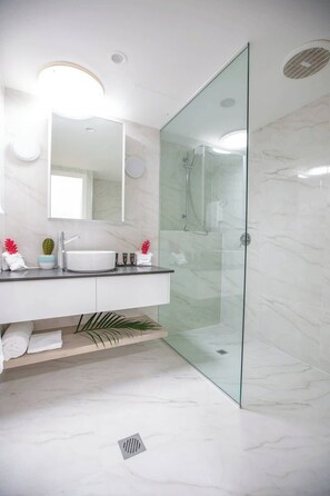 Douche, séchoir à cheveux, serviettes fournies