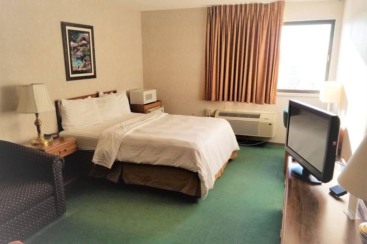 A hotel room with a bed, bedside table, lamp, air conditioning unit, television, and a picture on the wall.
