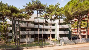 Un edificio de varios pisos con balcones, rodeado de árboles y un patio cercado.
