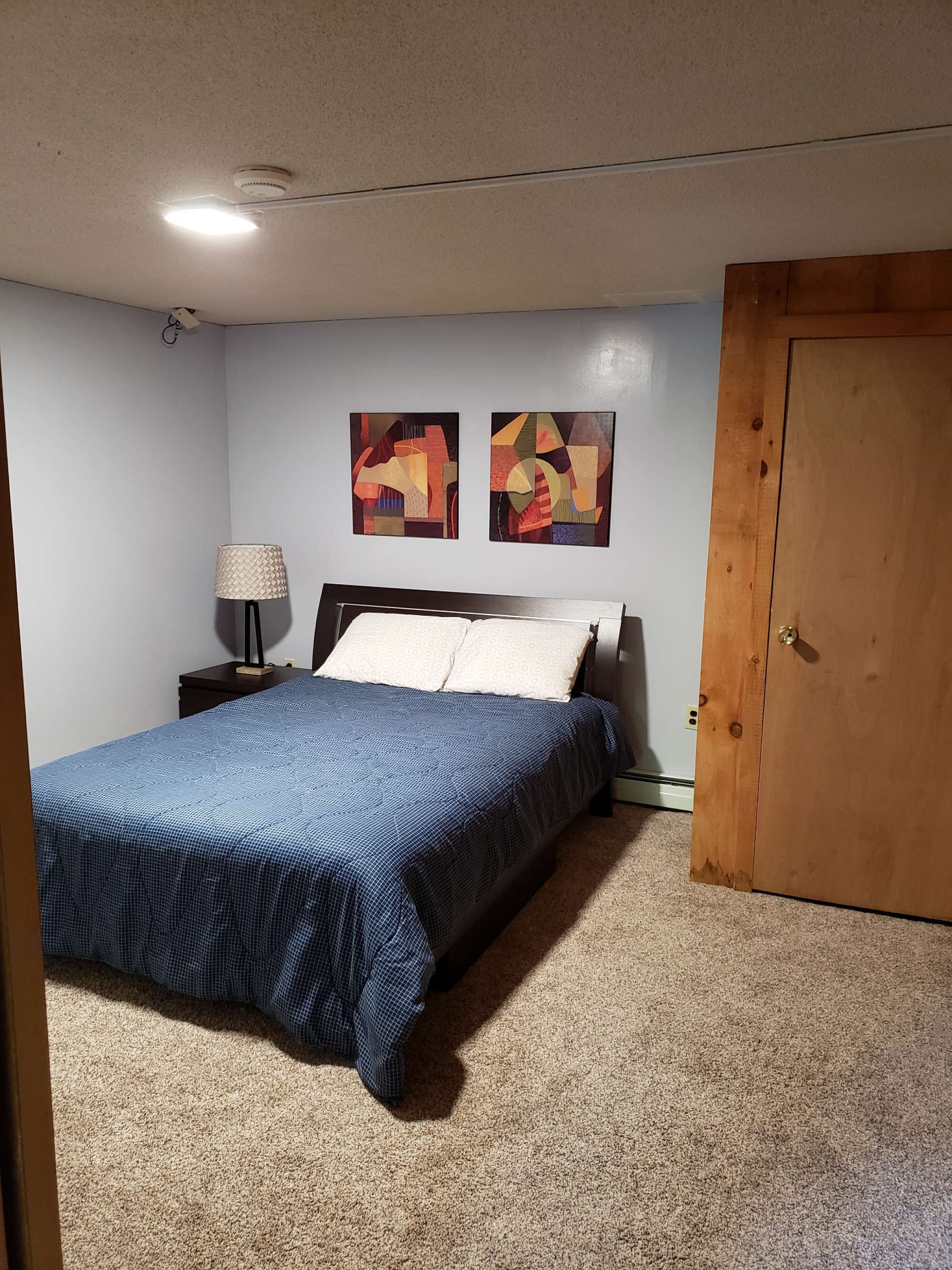 A bedroom with a bed, a nightstand, a lamp, two abstract paintings, and a wooden door.