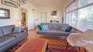 TV, fireplace, DVD player, books