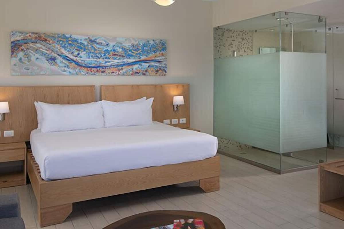 Ein Hotelzimmer mit einem hölzernen Bett, einer Duschkabine aus Glas, einem Flachbildfernseher und einem Bild an der Wand.