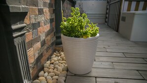 Una planta en maceta junto a un muro de piedra y un suelo de madera.