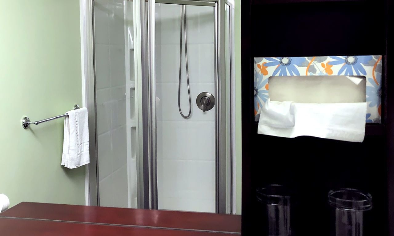 Een badkamer met een douchecabine van glas, een handdoekrek met een witte handdoek en twee afvalbakken.