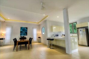 Fridge, microwave, electric kettle, toaster