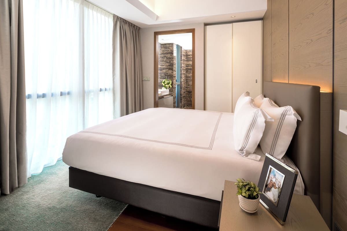 A modern hotel room with a large bed, a small bedside table with a plant, and a view of the outside.