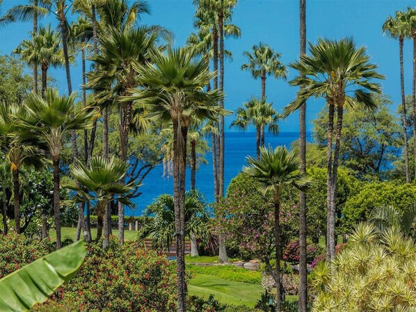 Escape to a serene tropical oasis with lush greenery and a tranquil ocean view.