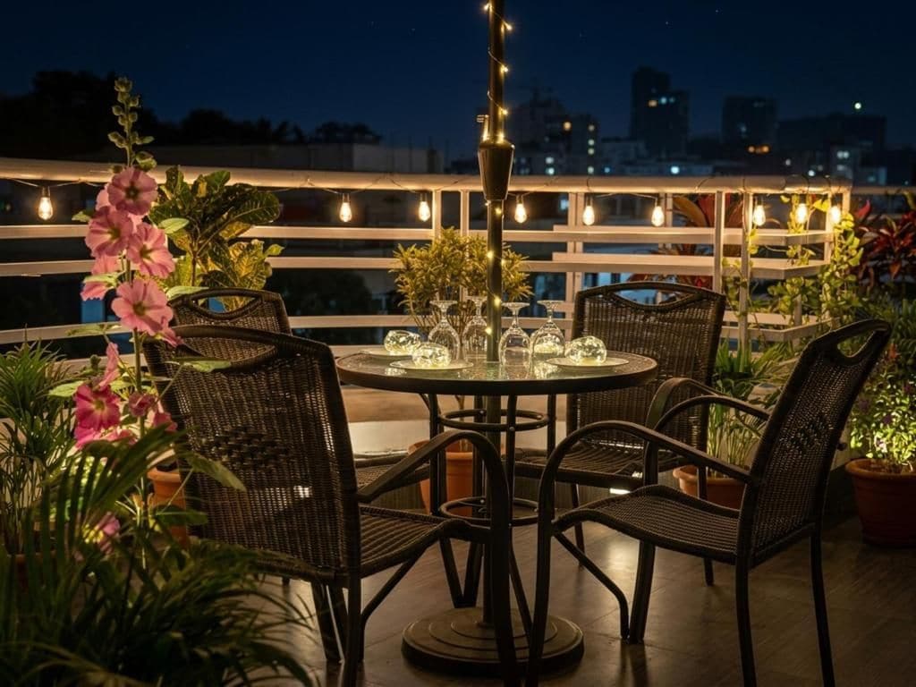 An outdoor dining area with a round table, wicker chairs, and string lights.