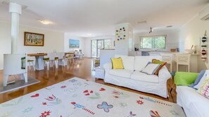 Smart TV, fireplace, DVD player, books