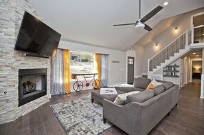 Smart TV, fireplace, books