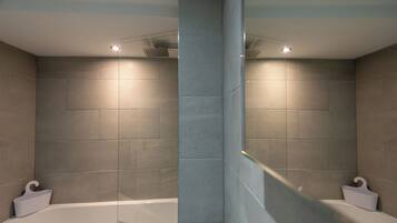 Combined shower/bathtub, hair dryer, towels, toilet paper