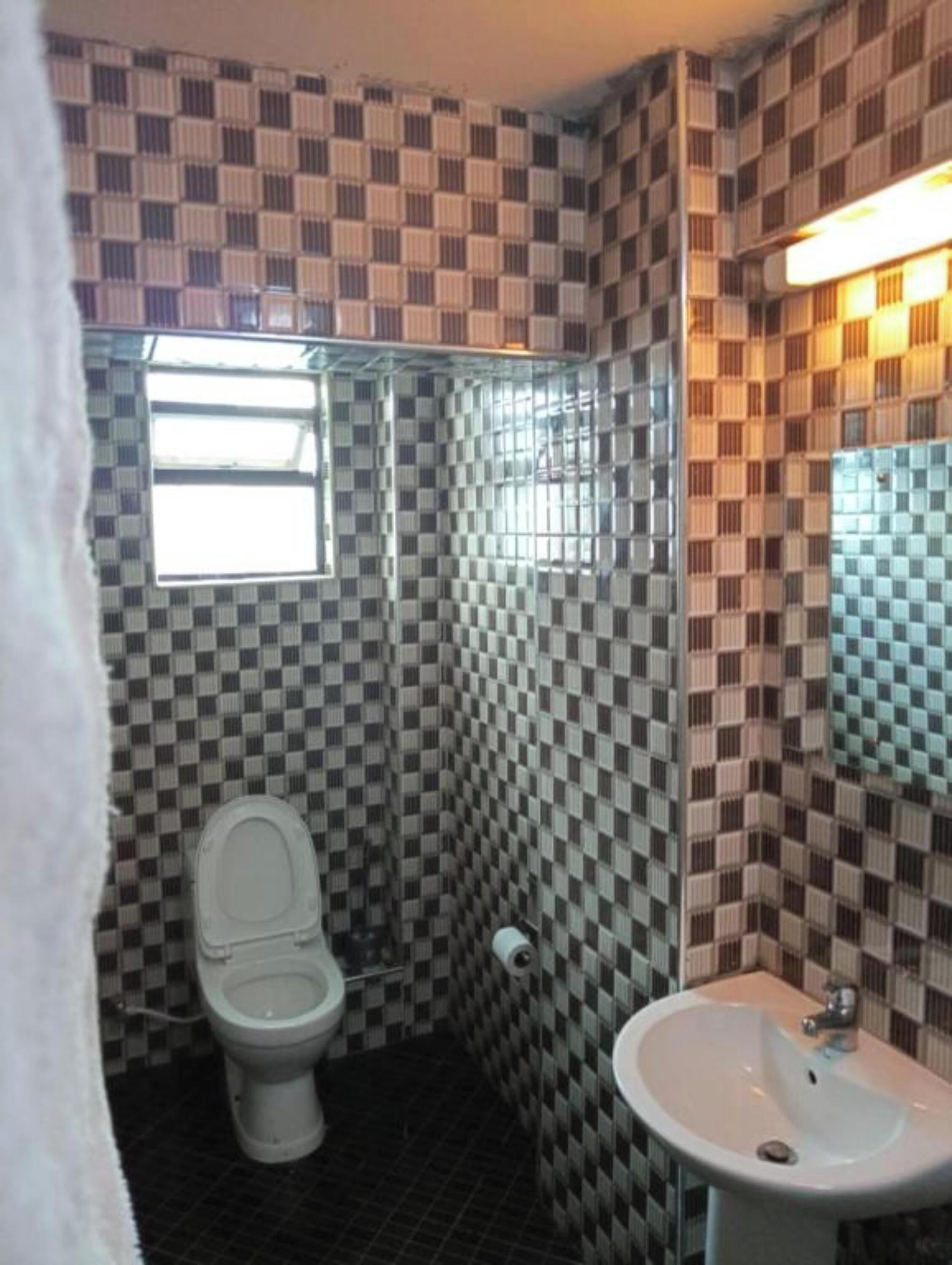 A bathroom with checkered tile walls, a toilet, a sink, and a window.