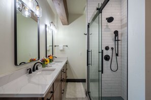Shower, hair dryer, towels