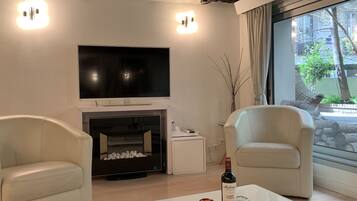 LCD TV, fireplace, DVD player, books