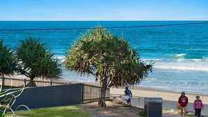 A beach with palm trees, a wooden fence, and a metal trash can.
