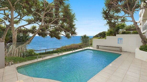 A swimming pool with a view of the ocean, surrounded by trees and a white building. - Shipton Lodge unit 3 Moffat Beach QLD (MOFFAT BEACH)