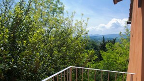 A balcony with a metal railing overlooking a lush green landscape with trees and distant mountains. - Friendly Quiet Rustic 6/8 Sleeps Apt Near Woods (Pisa)