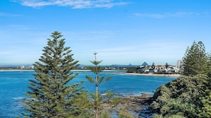 A coastal landscape with a clear view of the sea, a prominent tree in the foreground, and a distant view of a town with buildings and a mountain.