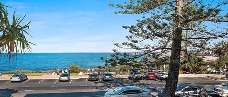 A parking lot with cars, a view of the ocean, and a tree in the foreground.