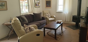 LCD TV, fireplace, DVD player, books