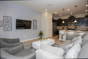 TV, DVD player, books, stereo