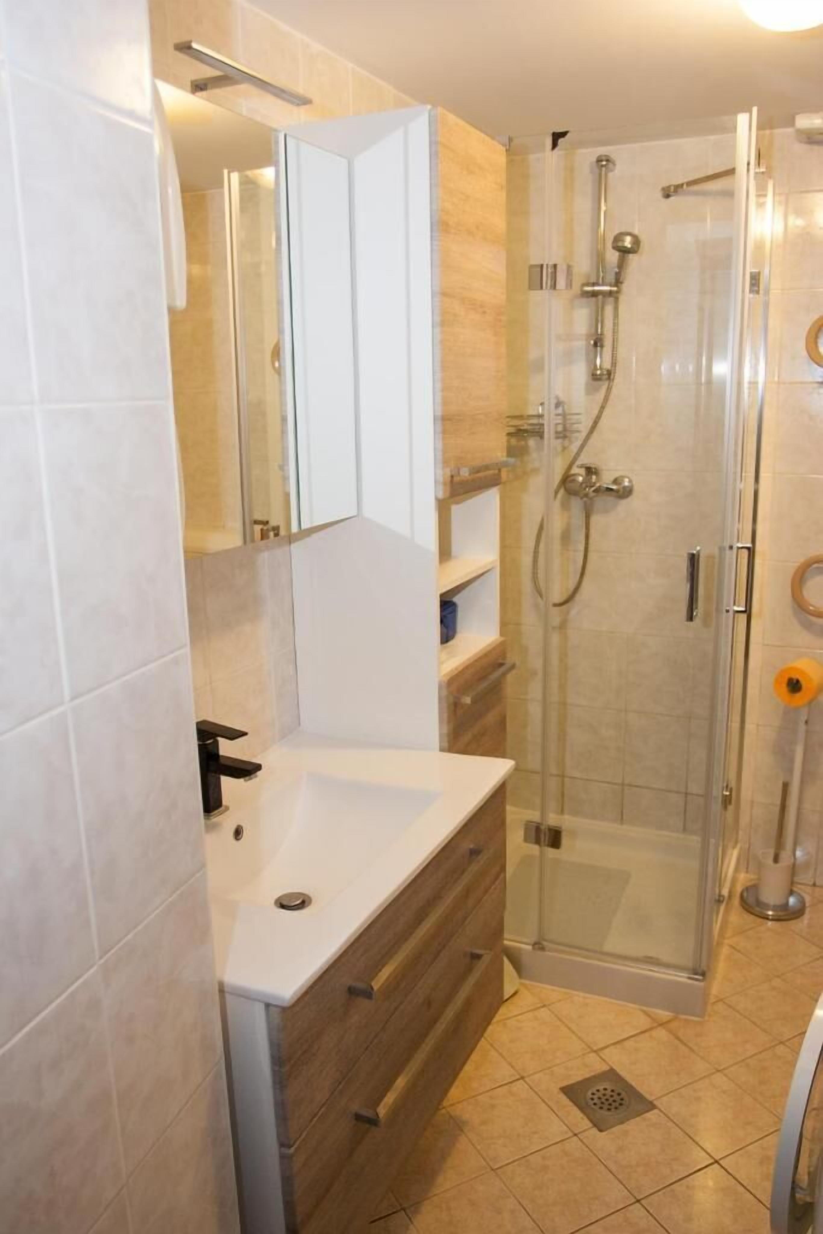 A modern bathroom with a glass-enclosed shower, a white sink, and a mirror above it.