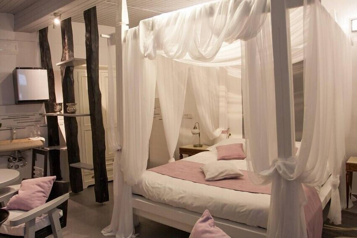 A bedroom with a canopy bed, bedside tables, a chair, and a television.